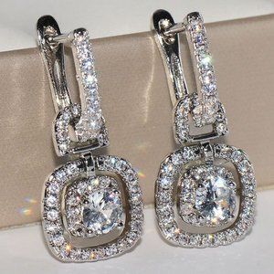 *NEW 18K White Gold Halo Diamond Drop Huggie Hoops